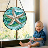 DASTOLL Stained Glass Window Hanging Teal Sea Waves Starfish Large 11.8" - Suncatcher Door Garden Sun Catcher Home Decor Birthday Mother's Day for Mom Men Woman Parents Her Child Nana