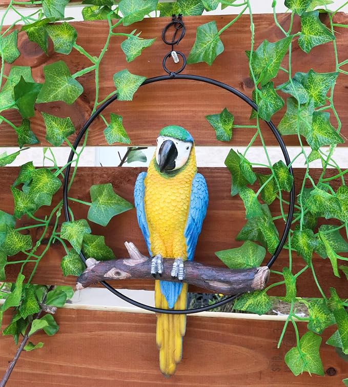 Ebros Patio Home Garden Hanging Scarlet Macaw Parrot Perching on Branch in Metal Round Ring Figurine Sculpture Nature Lovers Tropical Bird Collectors Decor 13.5" H (Blue)