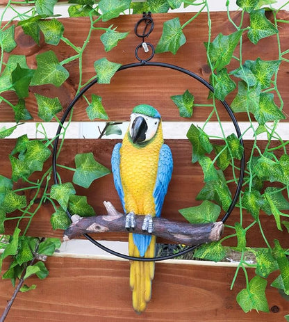 Ebros Patio Home Garden Hanging Scarlet Macaw Parrot Perching on Branch in Metal Round Ring Figurine Sculpture Nature Lovers Tropical Bird Collectors Decor 13.5" H (Blue)