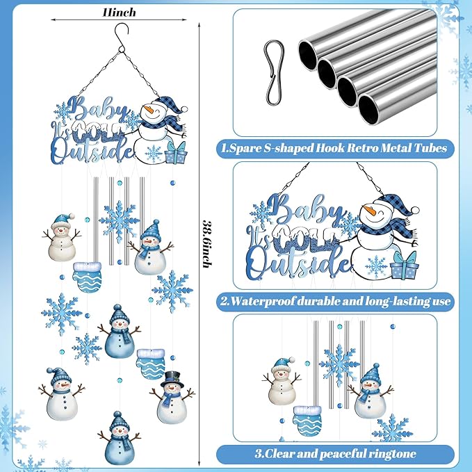 Chunful Winter Baby It's Cold Outside Wind Chimes Winter Snowman Snowflake Metal Wind Chimes Gifts Outdoor Decorations Wonderland Baby Shower Supplies for Home Lawn Porch Patio Garden