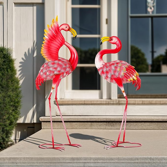 Extra-Large Flamingo Statue, 36.5" Handmade Metal Flamingo Yard Decor with Ground Stakes, Unique Outdoor Lawn Ornaments for Garden Patio, Vintage Pink Sculpture Gift for Housewarming Party