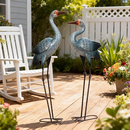 Natelf Metal Cranes Sculptures Outdoor Blue Heron Garden Statue Bird Yard Art Large Decorations for Lawn Patio Backyard Decoration