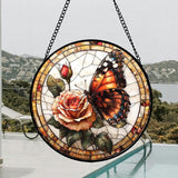 DASTOLL Stained Glass Window Hanging, Butterfly Picking Flowers Suncatcher for Doors Home Sun Catchers Decoration and Christmas, Mother's Day Birthday Gifts for Women, Men, and Mom 14.9x14.9 in
