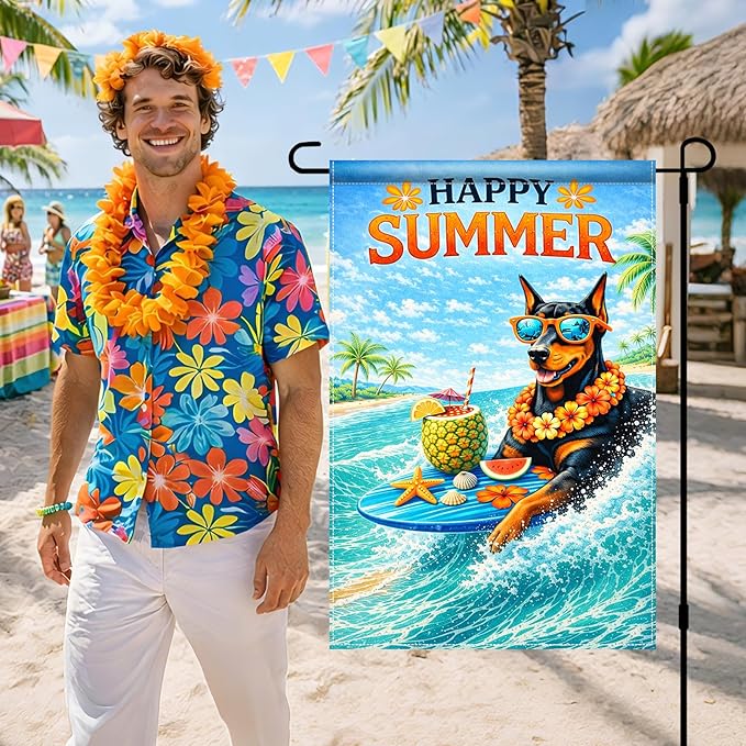 BlissYard Happy Summer Doberman Garden Flag 12x18 Double Sided Vertical Outdoor Decor Surfing Dog Tropical Beach Yard Garden Lawn Patio Banner