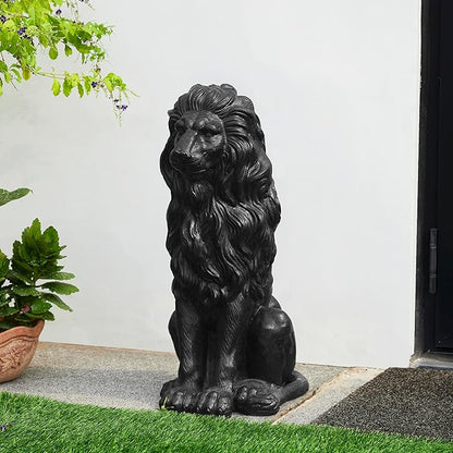Glitzhome Guardian Sitting Lion Garden Statue MGO Outdoor Decoration, 27.75" H, Black