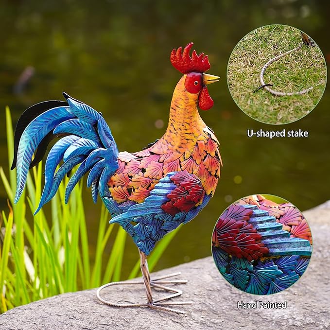 Metal Rooster Statue - Outdoor Garden Porch Patio Farm Backyard Decor - 21 Inch Metal Home Furnishing Artwork - Unique Gifts for Mom Women