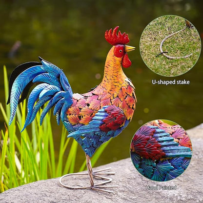 Metal Rooster Statue - Outdoor Garden Porch Patio Farm Backyard Decor - 21 Inch Metal Home Furnishing Artwork - Unique Gifts for Mom Women