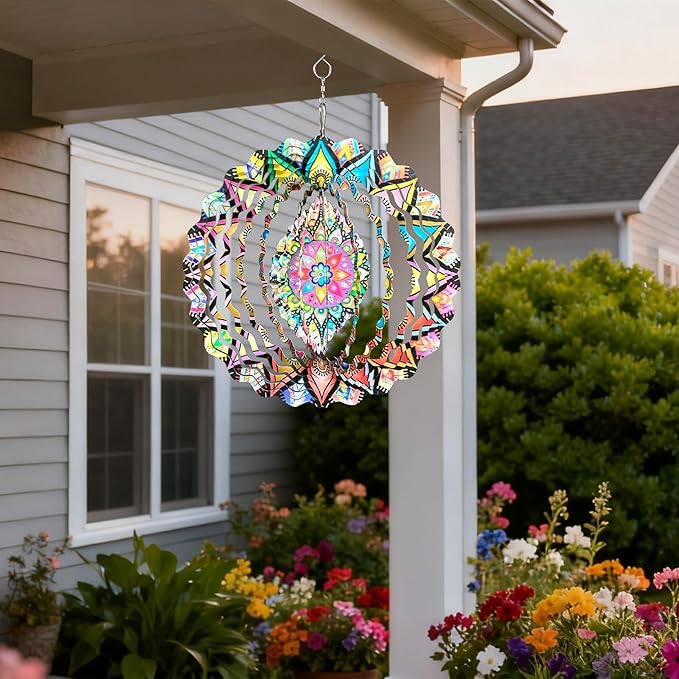 Yu Sen Kai Stainless Steel Wind Spinner, 9.84 Inch 3D Kinetic Hanging Sculpture, Multi Color Mandala Garden Art, Indoor Outdoor Decorative Ornament for Yard Patio Lawn