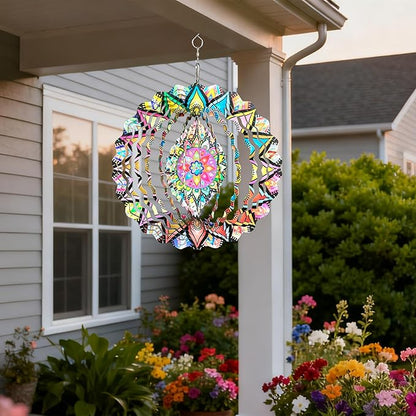 Yu Sen Kai Stainless Steel Wind Spinner, 9.84 Inch 3D Kinetic Hanging Sculpture, Multi Color Mandala Garden Art, Indoor Outdoor Decorative Ornament for Yard Patio Lawn