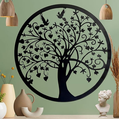 Bellaa 20193 Metal Wall Decor Tree Circle of Life Birds Nature Round Sign Indoor Living Room Rustic Art Outdoor Garden Patio Decor