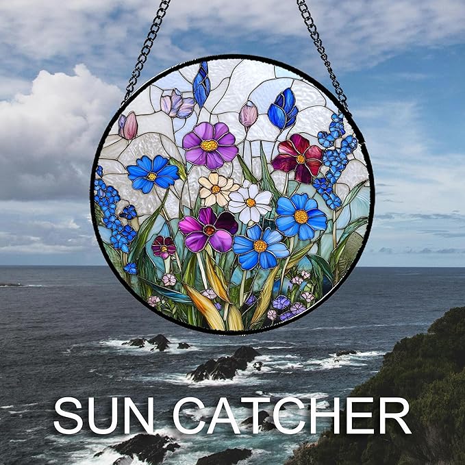 Stained Glass Window Hanging Blue Purple Wildflowers Large 15" - Suncatcher Door Garden Sunroom Sun Catcher Home Decor Birthday Christmas for Mom Men Woman Nana Friend