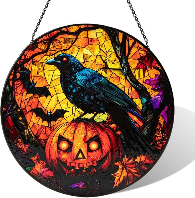 Stained Glass Window Hanging, Halloween Decorations Evil Crow Pumpkin Maple Leaf Suncatcher for Doors Garden Indoor Funny Spooky Sun Catchers Gothic Decor for Women, Men, and Mom 7.8 in