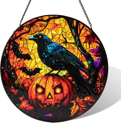 Stained Glass Window Hanging, Halloween Decorations Evil Crow Pumpkin Maple Leaf Suncatcher for Doors Garden Indoor Funny Spooky Sun Catchers Gothic Decor for Women, Men, and Mom 7.8 in
