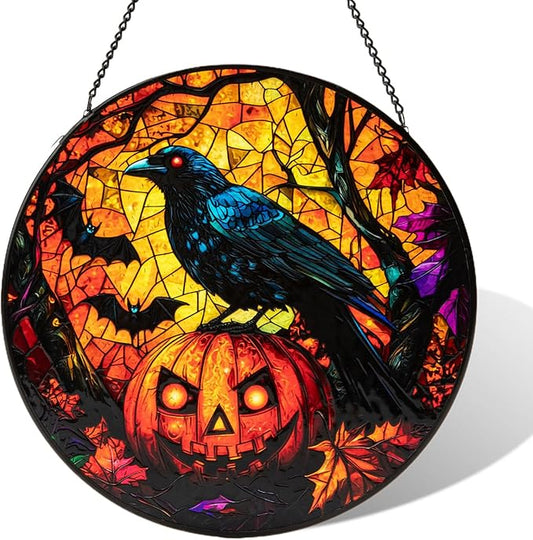 Stained Glass Window Hanging, Halloween Decorations Evil Crow Pumpkin Maple Leaf Suncatcher for Doors Garden Indoor Funny Spooky Sun Catchers Gothic Decor for Women, Men, and Mom 7.8 in