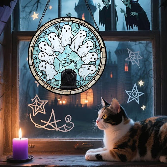 Stained Glass Window Hanging - Halloween Decorations Ghosts Tombstones Suncatcher for Doors Garden Indoor Spooky Funny Sun Catchers Gothic Decor Horror Gifts for Women Men Friend 11.8 in