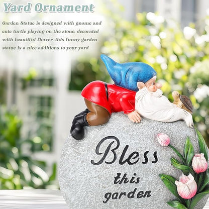 Garden Stones Statues Outdoor Decor, Novelty Gnome Garden Sculptures Stones Statue with Flower and Turtle Figurine Decoration for Patio Yard Porch Art Home Decor