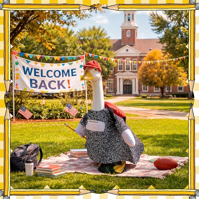Blue Hoodie Goose Outfit Sweatshirt Porch Goose Clothes Dress with Wide Hat Sunglass for 23'' Geese Statue Outdoor(Back to School)