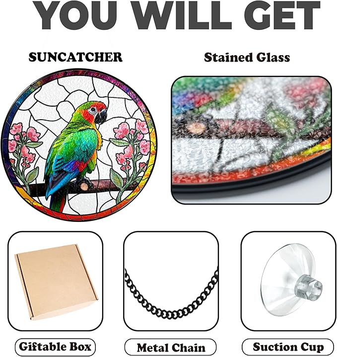 6" Parrot and Flowers Stained Glass Suncatcher Art Glass Bird and Flower for Sun Catcher Indoor Window Gift for Pet Animal Nature Floral Lover Women Mom Friend Painted Glass Panel Décor BIRD-03B-SG6
