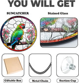 6" Parrot and Flowers Stained Glass Suncatcher Art Glass Bird and Flower for Sun Catcher Indoor Window Gift for Pet Animal Nature Floral Lover Women Mom Friend Painted Glass Panel Décor BIRD-03B-SG6