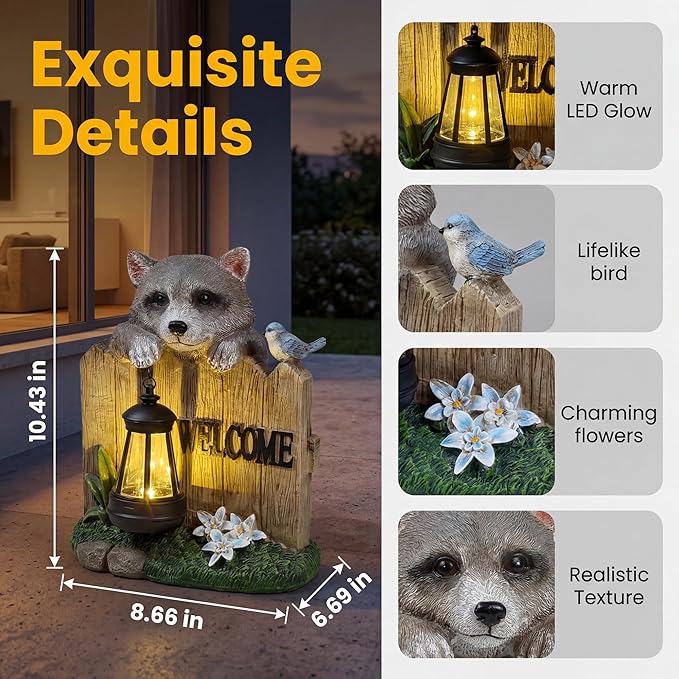 Solar LED Garden Statue with Raccoon and Welcome Sign, Outdoor Decorative Lantern with Bird and Flowers for Porch, Patio or Yard