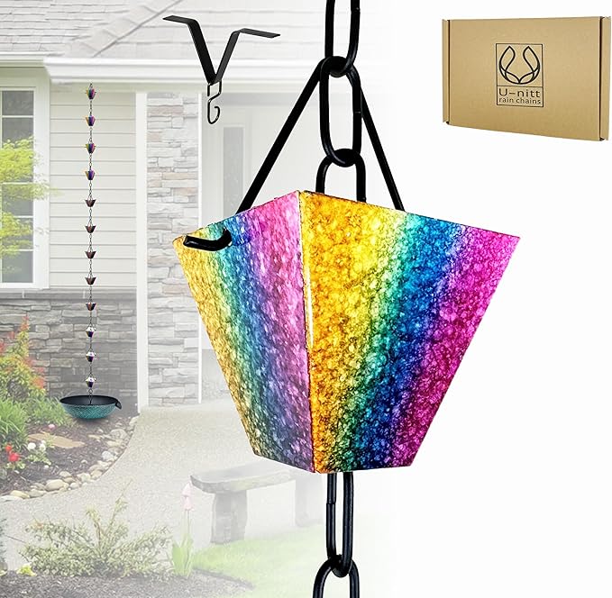U-nitt Rain Chain Water Collection for Gutters Rainwater Catcher & Diverter, 8.5 FT Chains for Outside Garden, Rainbow Square Cups, Roof Downspout, Works with Heavy Rain, w/ Gutter Clip for Rainchains
