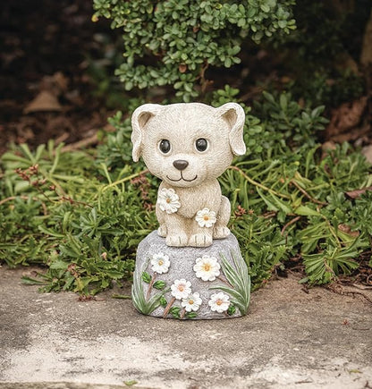 Roman 7.5” Cute Puppy on a Rock Garden Statue – Outdoor Figurine – Dog Lover Yard Decor, Lawn or Patio Accent for Garden