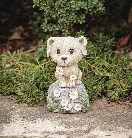 Roman 7.5” Cute Puppy on a Rock Garden Statue – Outdoor Figurine – Dog Lover Yard Decor, Lawn or Patio Accent for Garden