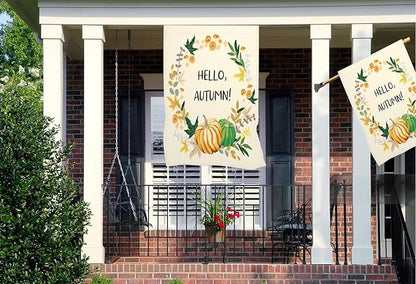 Mugod Hello Autumn Burlap House Flags for Outdoor, Fall Leaves Pumpkin Large Yard Flags 28 x 40 Double Sided Seasonal Decorative Flag for Farmhouse Holiday Decoration