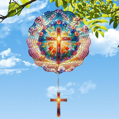 Rngmsi Cross Wind Spinners Outdoor - Cross 3D Metal Yard Wind Spinner Hanging Decor Kinetic Art Garden Porch Thanksgiving Day Gifts for Women Mom Grandma, (12 X 12 Inches)