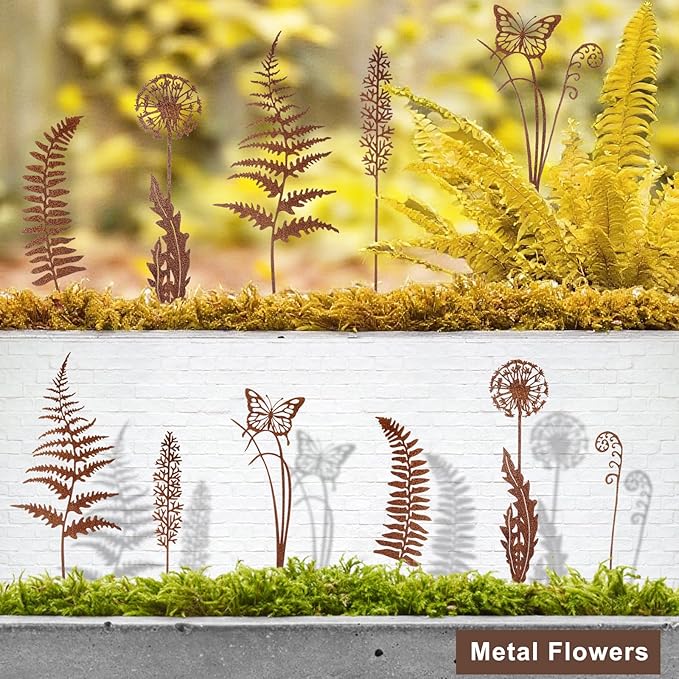 Set of 6 Metal Flowers for Outside, Metal Flowers Garden Outdoor Yard Ornaments Decor Plant Fairy Garden Stakes Yard Art Plant Decorations for Pots Accessories Lawn Ornaments