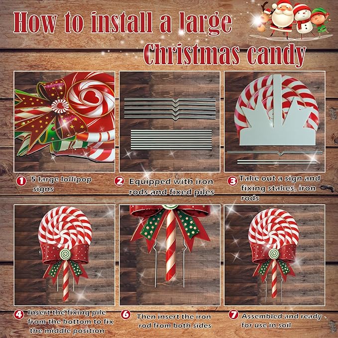 Outdoor Christmas Decorations Jumbo 24 Inch Lollipop Yard Signs 5ct with 20 Stakes 10 Fiberglass and 10 Metal Waterproof Holiday Christmas Decorations for and Garden Waterproof