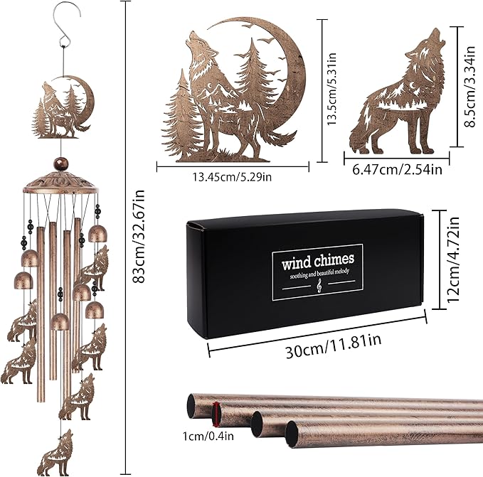 Romart Wolf Wind Chimes for Outside, Wolf Gifts for Women Men Birthday Metal Sympathy Memorial Windchimes for Outdoors Indoors, Garden, Patio, Home, Porch, Yard Decorations