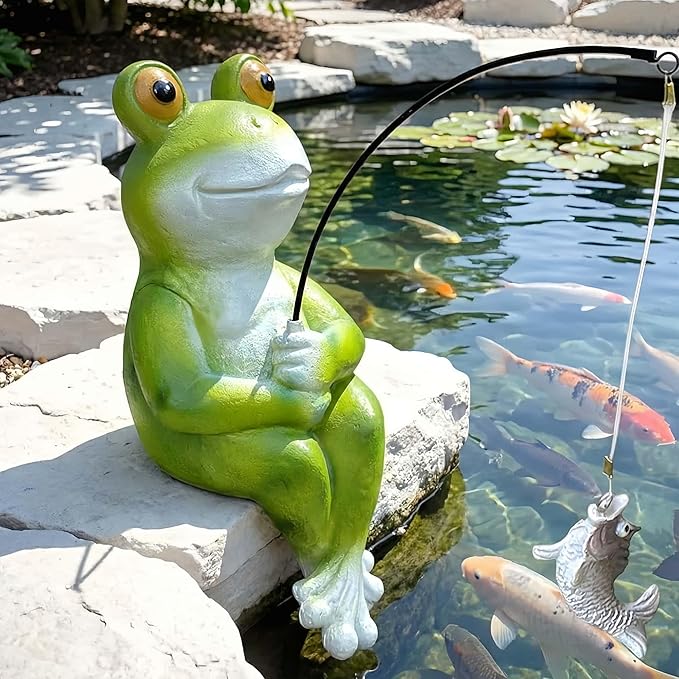 9.5" Frog Fishing Garden Sculptures & Statues, Stone Look Sculpture, Whimsical Lawn Yard Art, Funny Pond Fisherman Statue, Resin Animal Decorative Figurine, for Frog Fishing Lovers