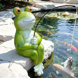 9.5" Frog Fishing Garden Sculptures & Statues, Stone Look Sculpture, Whimsical Lawn Yard Art, Funny Pond Fisherman Statue, Resin Animal Decorative Figurine, for Frog Fishing Lovers