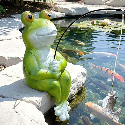 9.5" Frog Fishing Garden Sculptures & Statues, Stone Look Sculpture, Whimsical Lawn Yard Art, Funny Pond Fisherman Statue, Resin Animal Decorative Figurine, for Frog Fishing Lovers