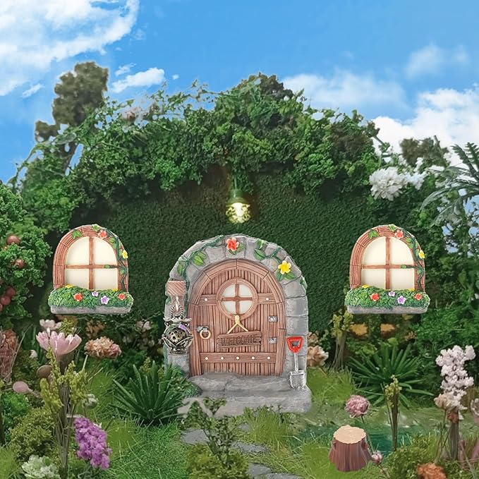 Exasinine 6 Pcs Fairy Door and Windows for Trees Glow in The Dark Fairy Doors Miniature Fairy Garden Accessories for Wall Tree Fairy Garden Outdoor Decor with Tree Stump, 2 Fairy Lanterns