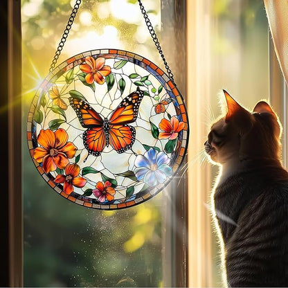 VAIIEYO Butterfly Sun Catcher Stained Glass Window Hanging Ornament, Handmade Sun Catcher Flower Decoration with Hooks for Window Garden Home, Mother's Day & Birthday Housewarming Gift (7.8 inch)