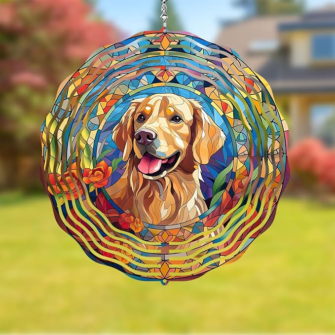 Golden Retriever Wind Spinner Pet Dog Memorial Gifts 3D Aluminum Metal Kinetic Hanging Wind Sculpture Spinners for Yard and Garden Indoor Outdoor Window Garden Decoration 8 Inch (Golden Retriever 1)