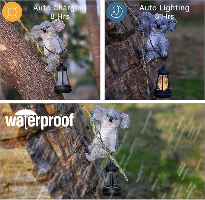 Decorative Koala Tree Climber with Solar Lantern, Gray Resin Garden Statue, Outdoor Hanging Animal Light
