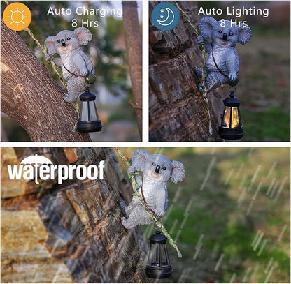 Decorative Koala Tree Climber with Solar Lantern, Gray Resin Garden Statue, Outdoor Hanging Animal Light
