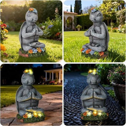 Meditating Turtle Garden Statue with Solar LED Lights - Zen Yoga Turtle Figurine with Succulents, 8.7-Inch Resin Garden Decor, IP65 Waterproof Outdoor Sculpture, Unique Birthday Gifts for Women Mom