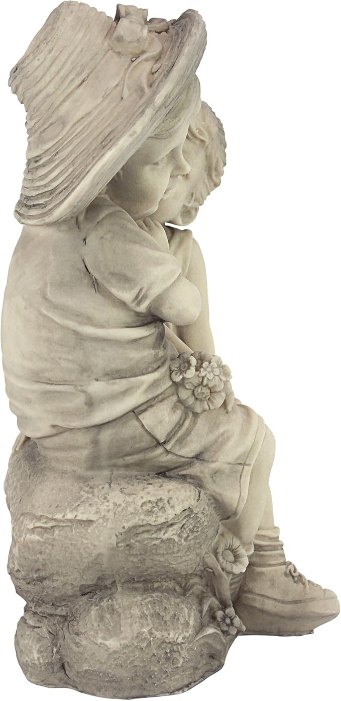 Design Toscano Boy and Girl Garden Decor Statue ,14 Inch, Polyresin, Antique Stone