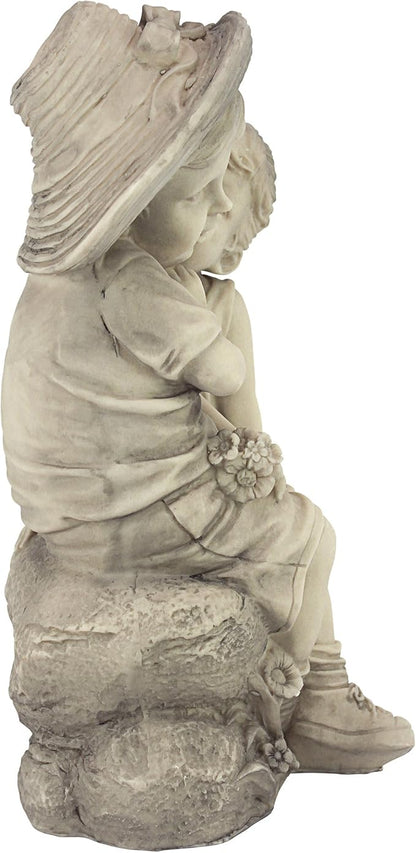 Design Toscano Boy and Girl Garden Decor Statue ,14 Inch, Polyresin, Antique Stone