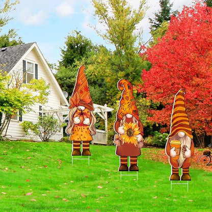 Umigy 3 Pcs Thanksgiving Yard Decor Cute Fall Gnome Yard Sign with Stakes 32 x 10 Inch Autumn Gnome Outdoor Lawn Decor, Outside Thanksgiving Garden Decoration for Home Pathway Walkway