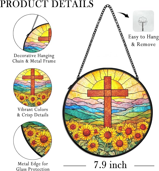Christian Sunflower Suncatcher Stained Glass Cross Window Hanging Wall Decor, Christmas Religious Gifts for Women, Religious Wildflower Garden Lawn Sun Catchers for Window Hanging,7.9x7.9In