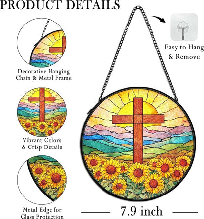 Christian Sunflower Suncatcher Stained Glass Cross Window Hanging Wall Decor, Christmas Religious Gifts for Women, Religious Wildflower Garden Lawn Sun Catchers for Window Hanging,7.9x7.9In