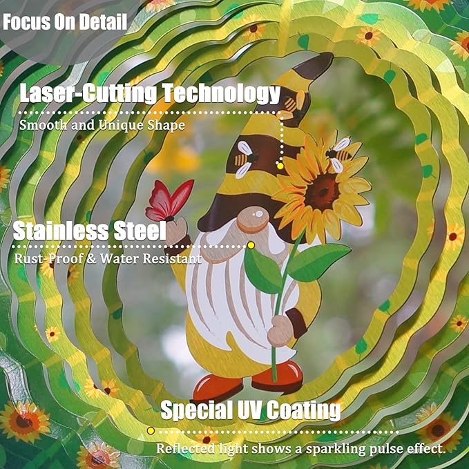Green Cute Sunflower Gnome Wind Chime 3D Display Wind Spinner Birthday Memorial Gift Metal Decorative Wind Chimes for Yard, Garden, Backyard and Patio Outside Outdoor Decoration