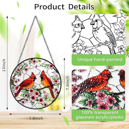 Stained Glass Window Hanging, Cardinal Sun Catchers Colorful Glass Panel Bird Suncatcher Indoor Window Wall Art Home Decor Gift for Birthday Christmas, for Women,Men,Wife, Lovers, and Mom 7.8 in