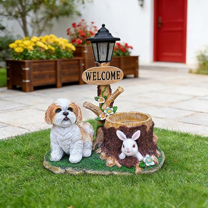 20" Solar Shih Tzu Garden Statue with Welcome Sign & Planter - Large Dog Sculpture with LED Street Lantern - Weatherproof Resin Decorative Flower Pot for Porch, Yard & Patio - Pet Lover Gift