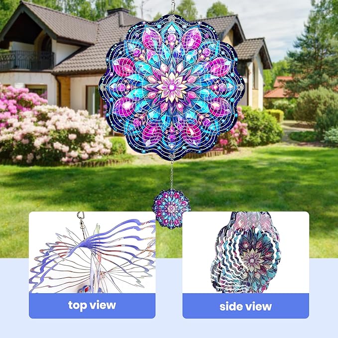 MXJSUA Kaleidoscope Wind Spinners for Indoor Outdoor Garden Decoration, 12 Inch Datura Stainless Steel Hanging Wind Spinners Ornaments Crafts for Gifts